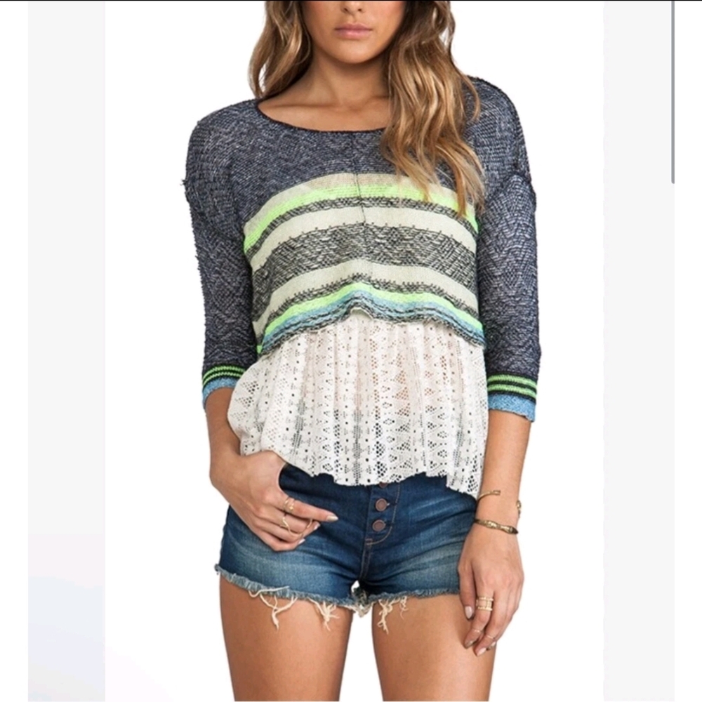 Free People Navy and White Lace Blouse with Green Accents